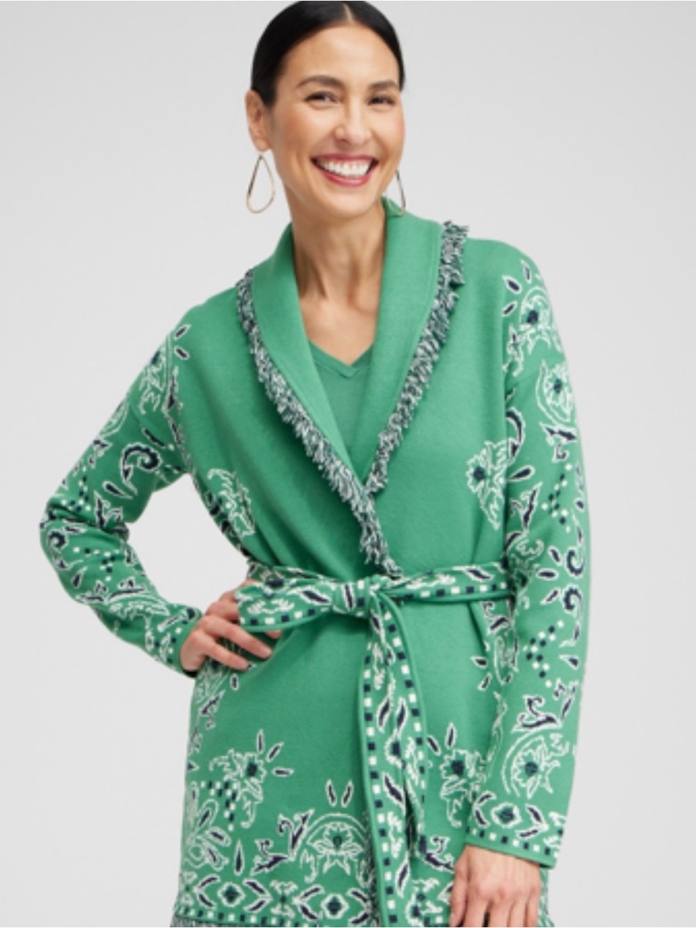 Chico's Bandana Print Green and Navy Patterned Wrap Sweater